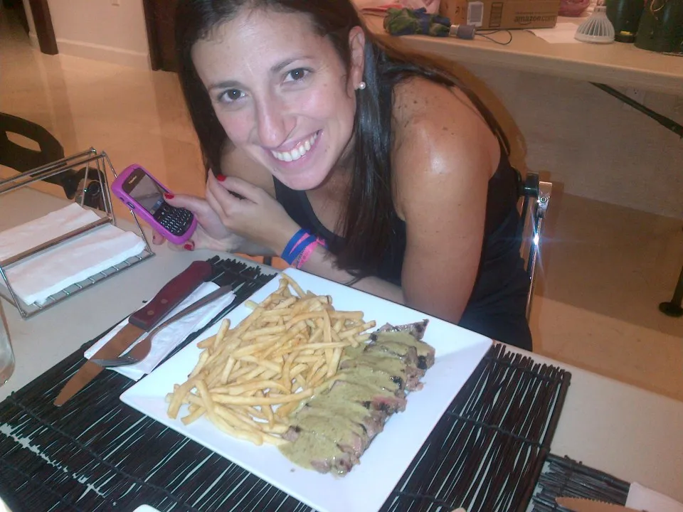 An early home-cooked Lentrecote anniversary dinner: sliced steak with the green herb sauce and fries